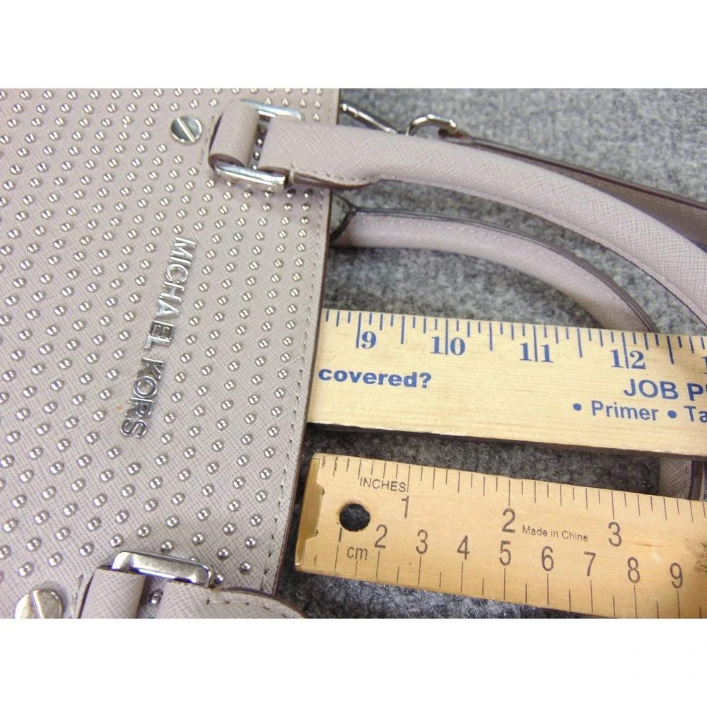 Michael Kors Selma Studded Satchel Bag Tan Beige Saffiano Leather Crossbody